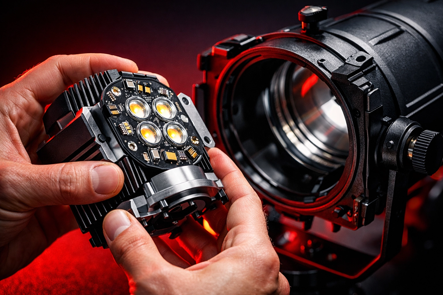 LED retrofit engine being installed into traditional ellipsoidal stage light fixture