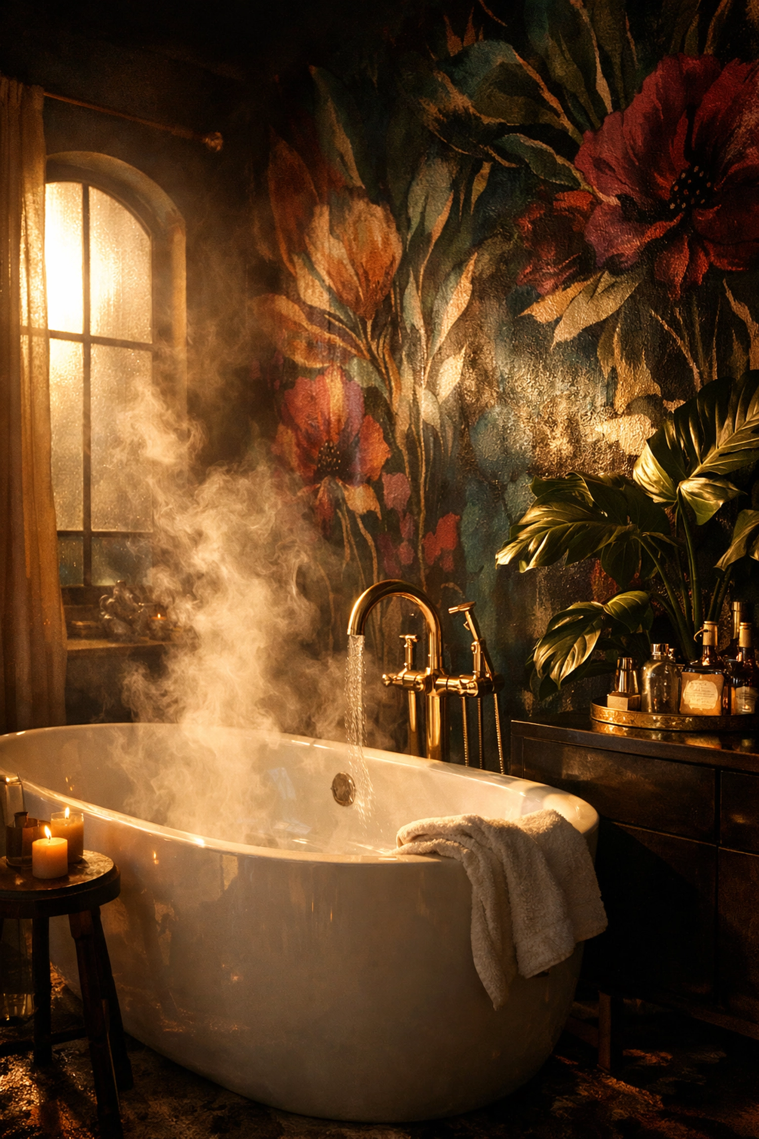 Modern bathroom with removable wallpaper accent wall and elegant freestanding bathtub