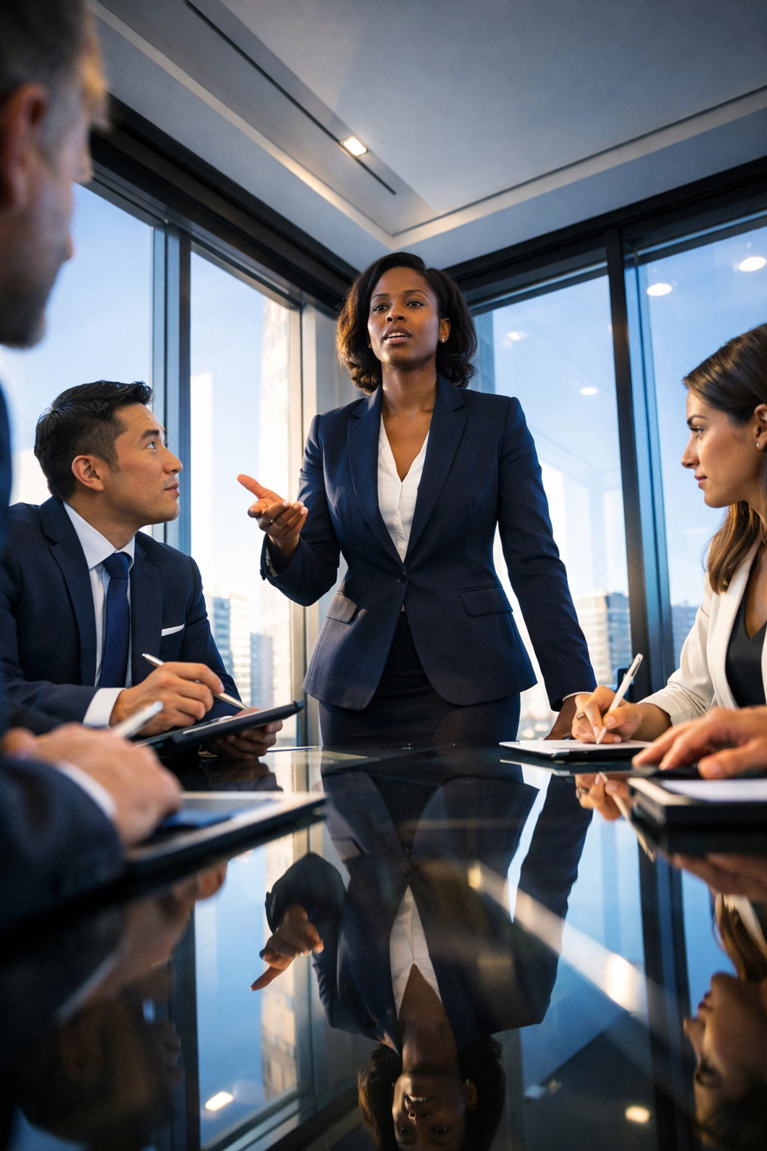 Black woman executive leading diverse team meeting with clear communication and authority