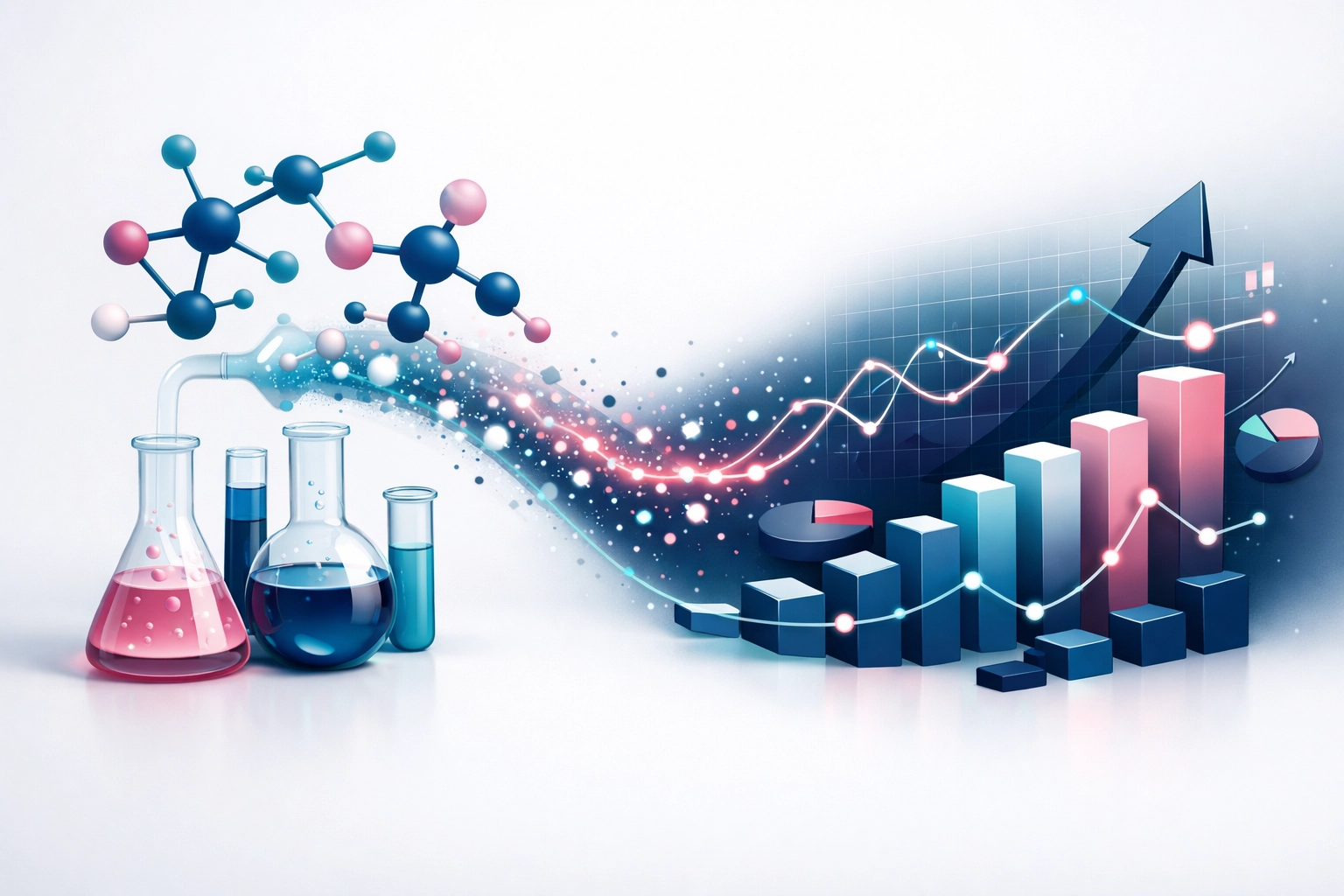 Molecular structures transforming into financial graphs showing chemistry career path