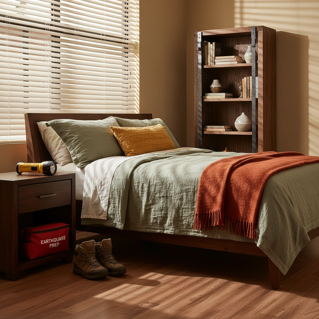 A picture of a bedroom. next to the bed is a nightstand that has a flashlight on top, and an earthquake kit in its cubby. There are hard soled boots next to the bed on the floor. 
Ready for Anything: Urban Survival in a Changing Climate