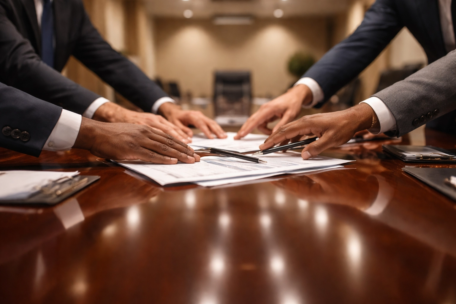 Business professionals collaborating on creditor coordination during debt restructuring negotiations