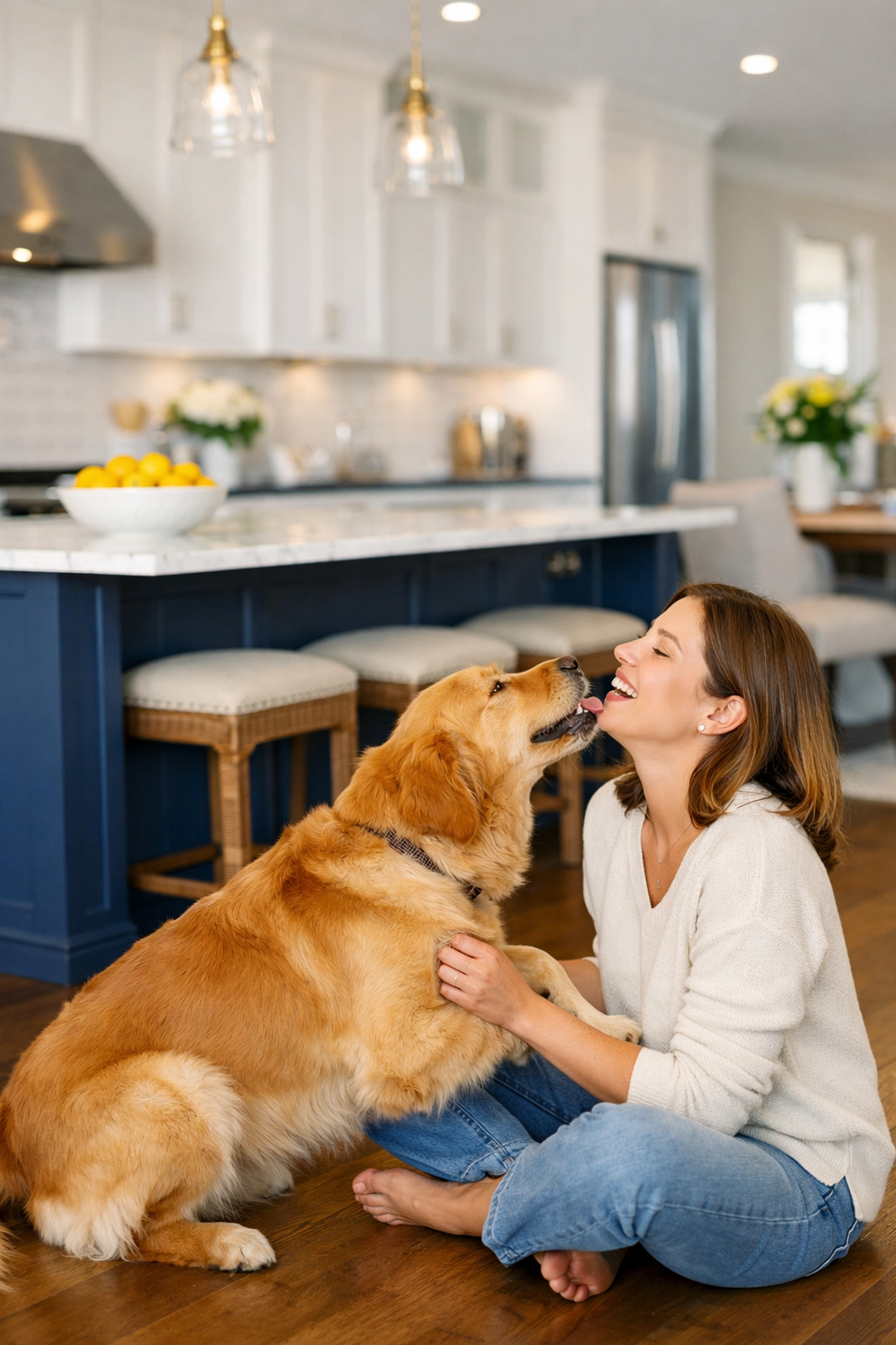 A pet owner enjoying a clean, fur-free kitchen and living area thanks to consistent weekly house cleaning.