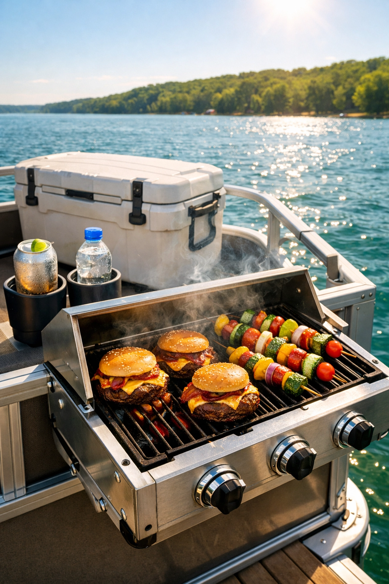 Stainless steel rail-mounted grill cooking food on a pontoon boat deck with a marine cooler.