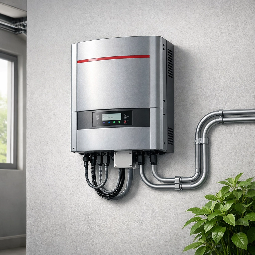 A central string inverter unit professionally installed on a garage wall for a Bournemouth home solar system.