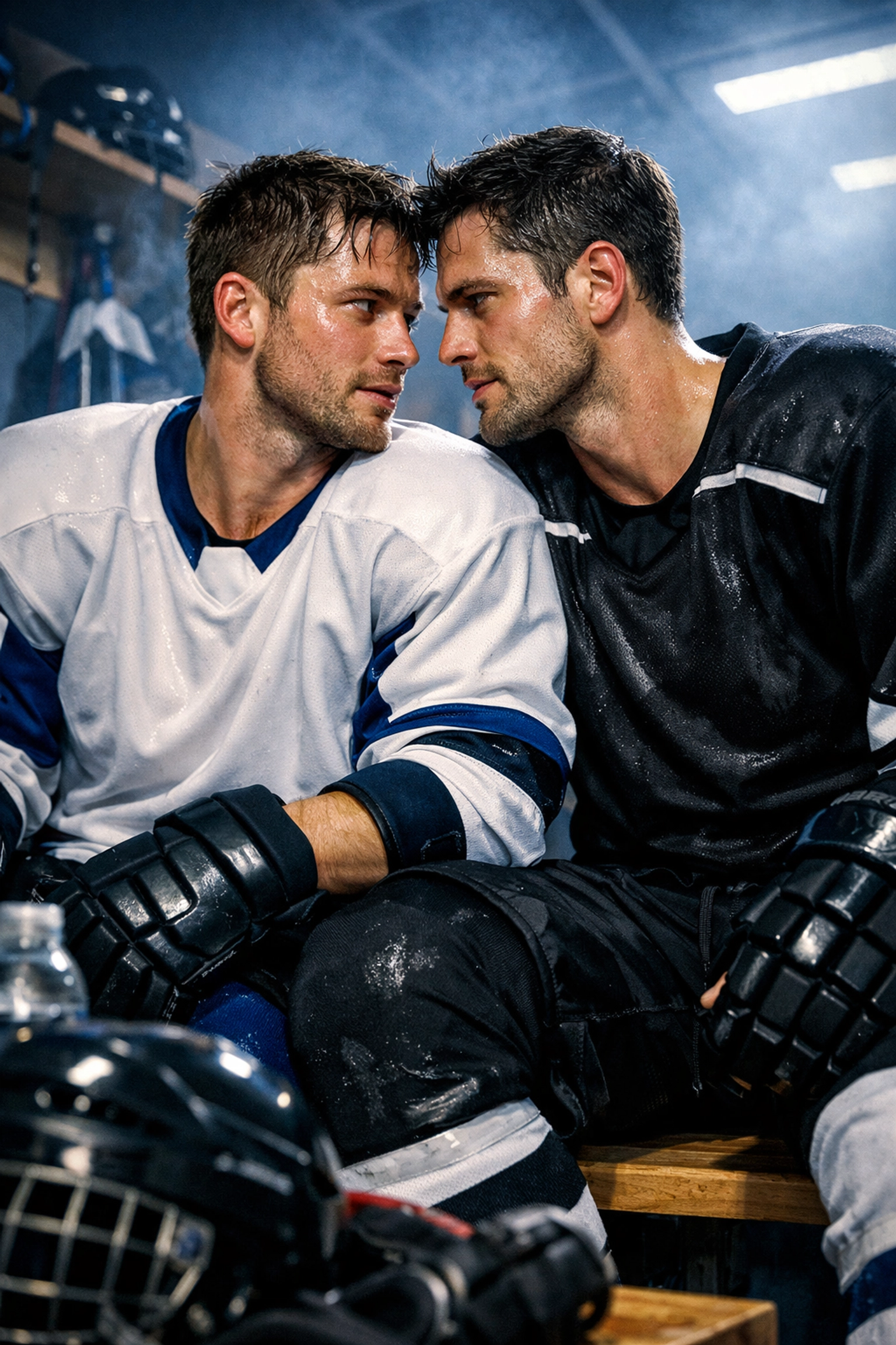 Two hockey players in a locker room share an intense look, capturing the popular MM sports romance trope.