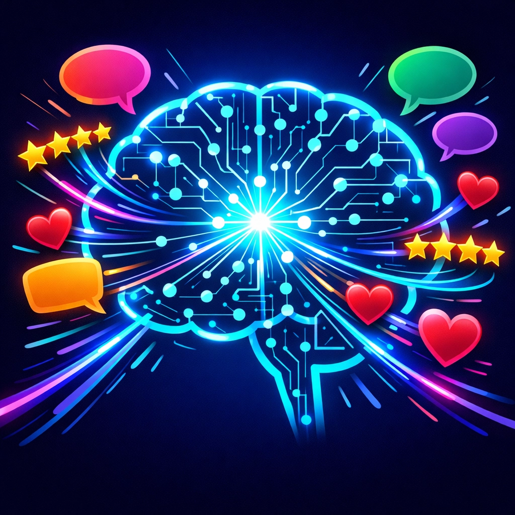 AI trust engine illustration showing digital reviews and social signals feeding into brand authority