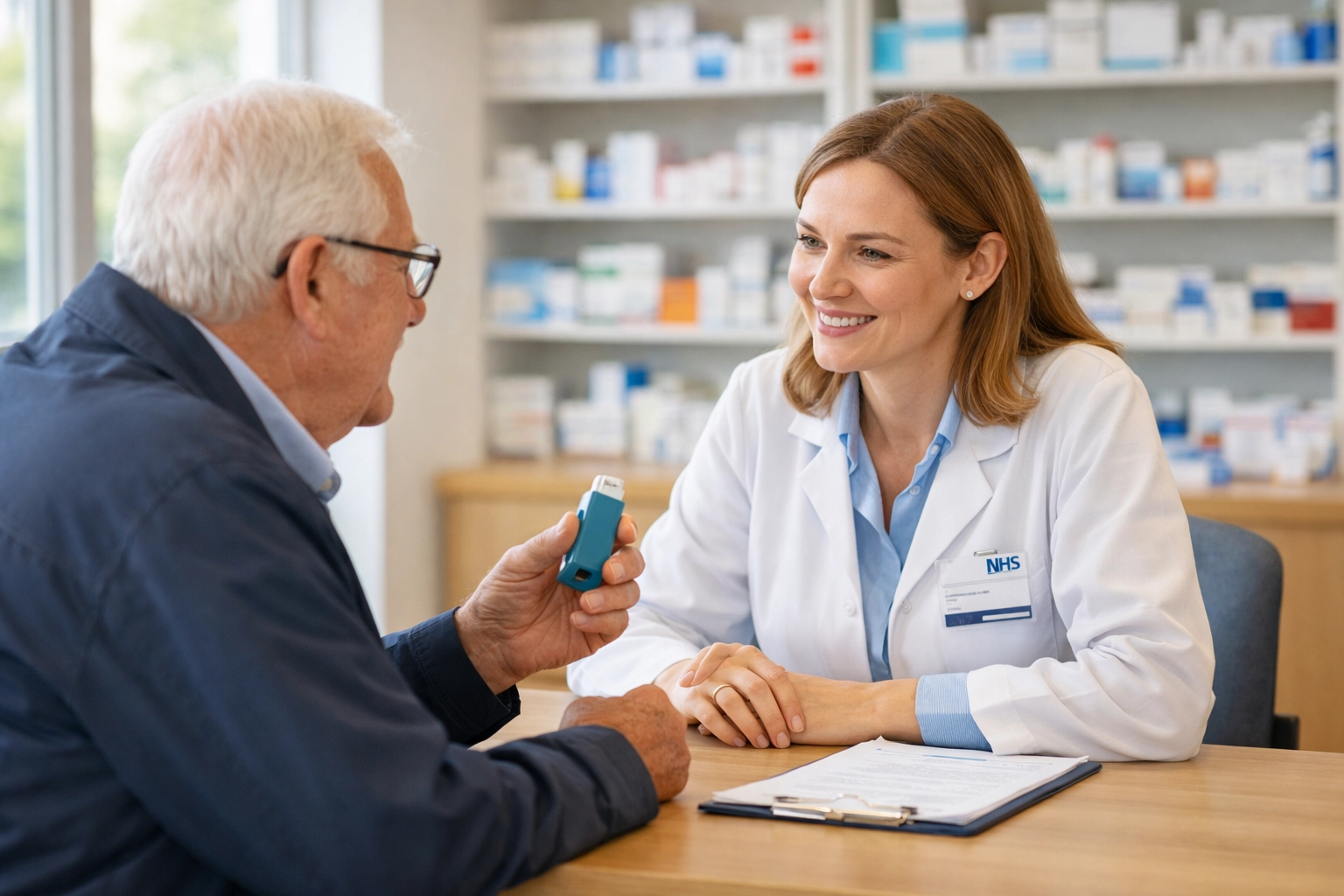 Community pharmacist consulting patient on inhaler technique for asthma prevention