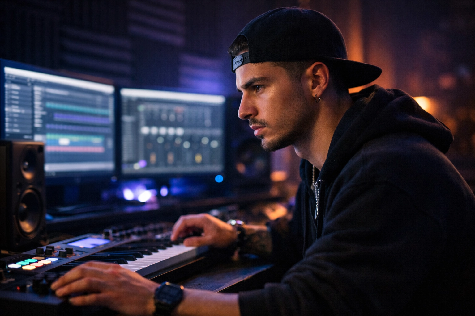 A focused music artist working in a home studio to optimize an independent marketing strategy.