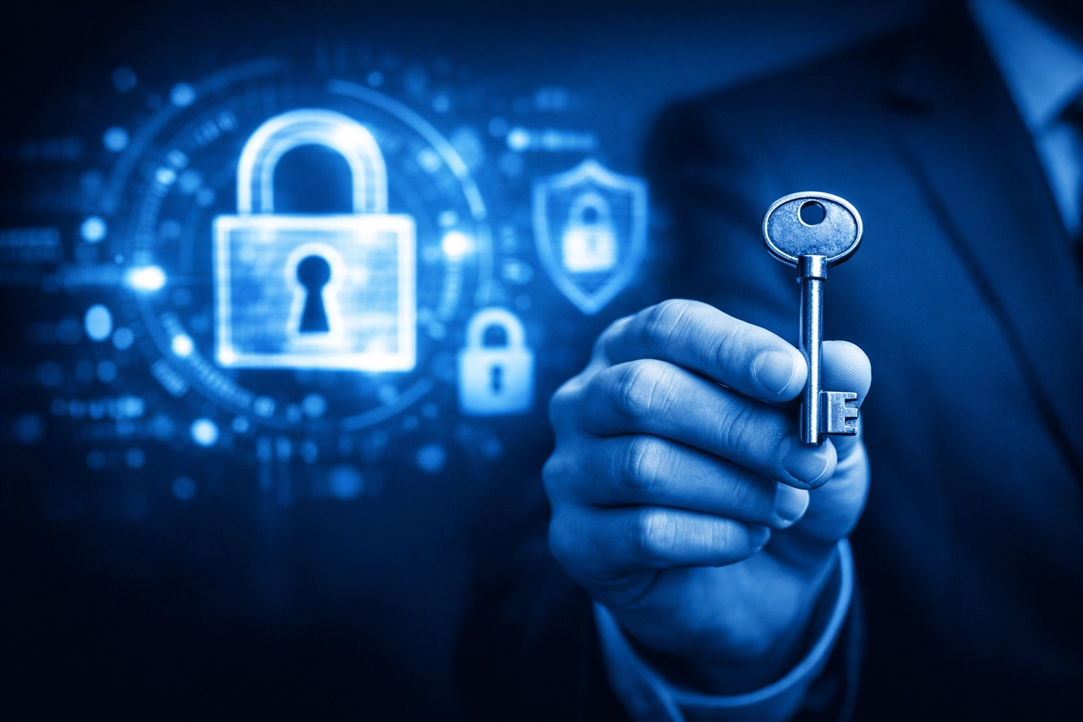 Hand holding key representing access control and least privilege permissions for shared drives