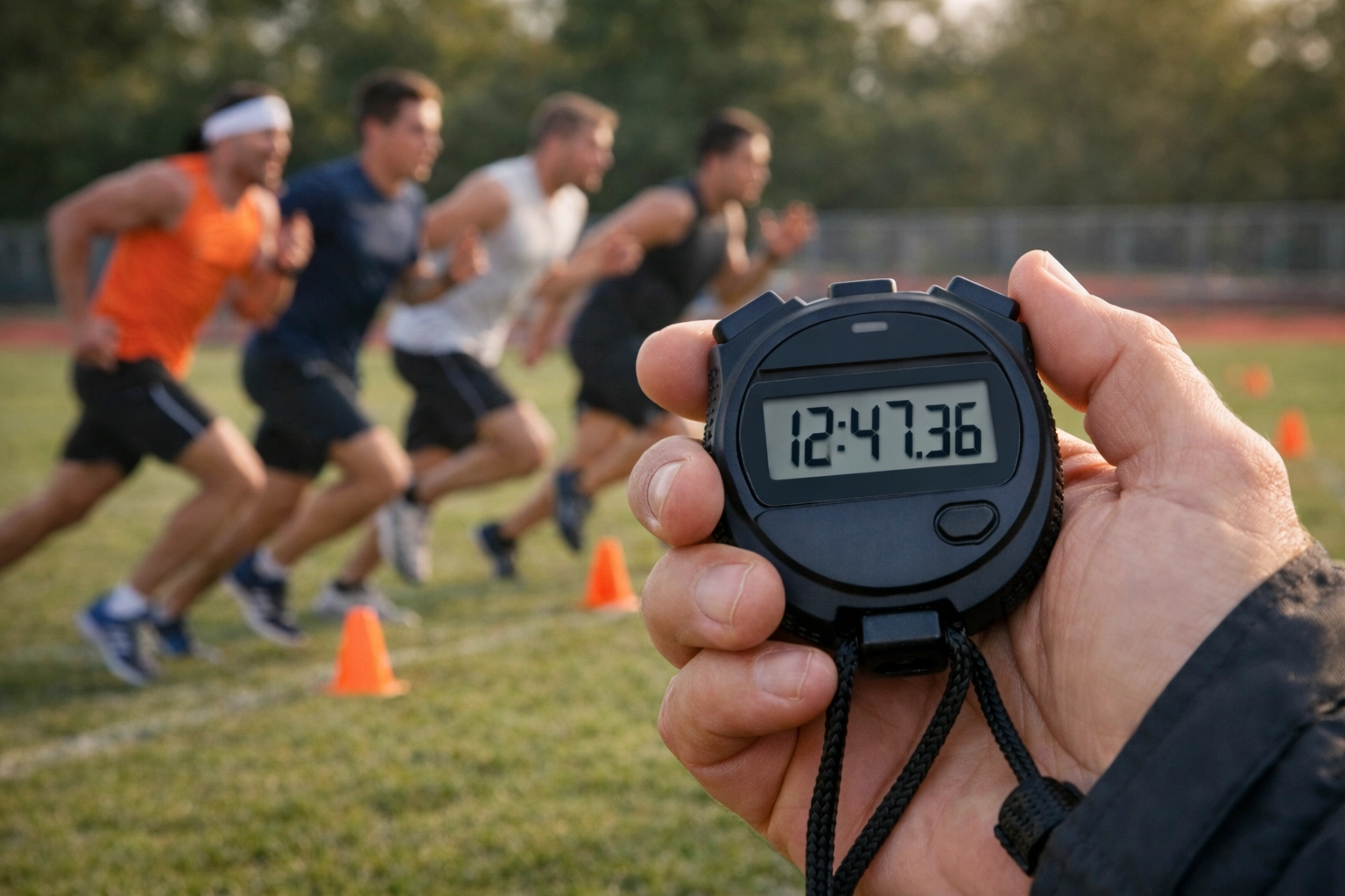 Coach using stopwatch to time athletes during speed training drills on outdoor field