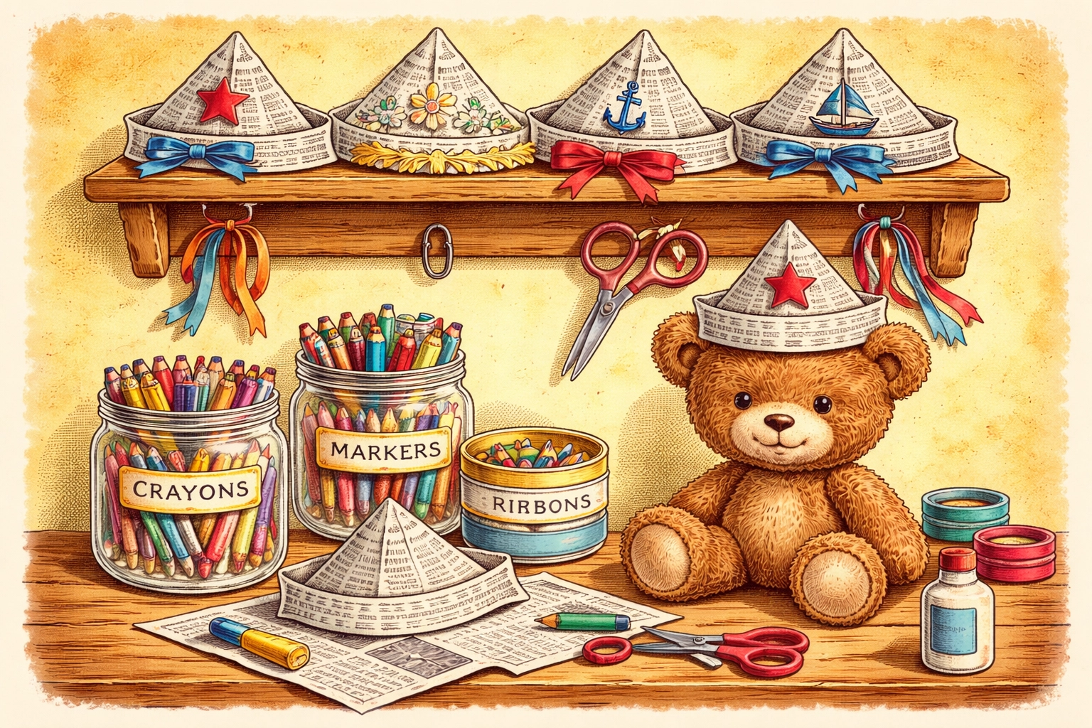 Craft shelf displaying decorated newspaper hats, crayons, markers, and a teddy bear wearing a paper hat