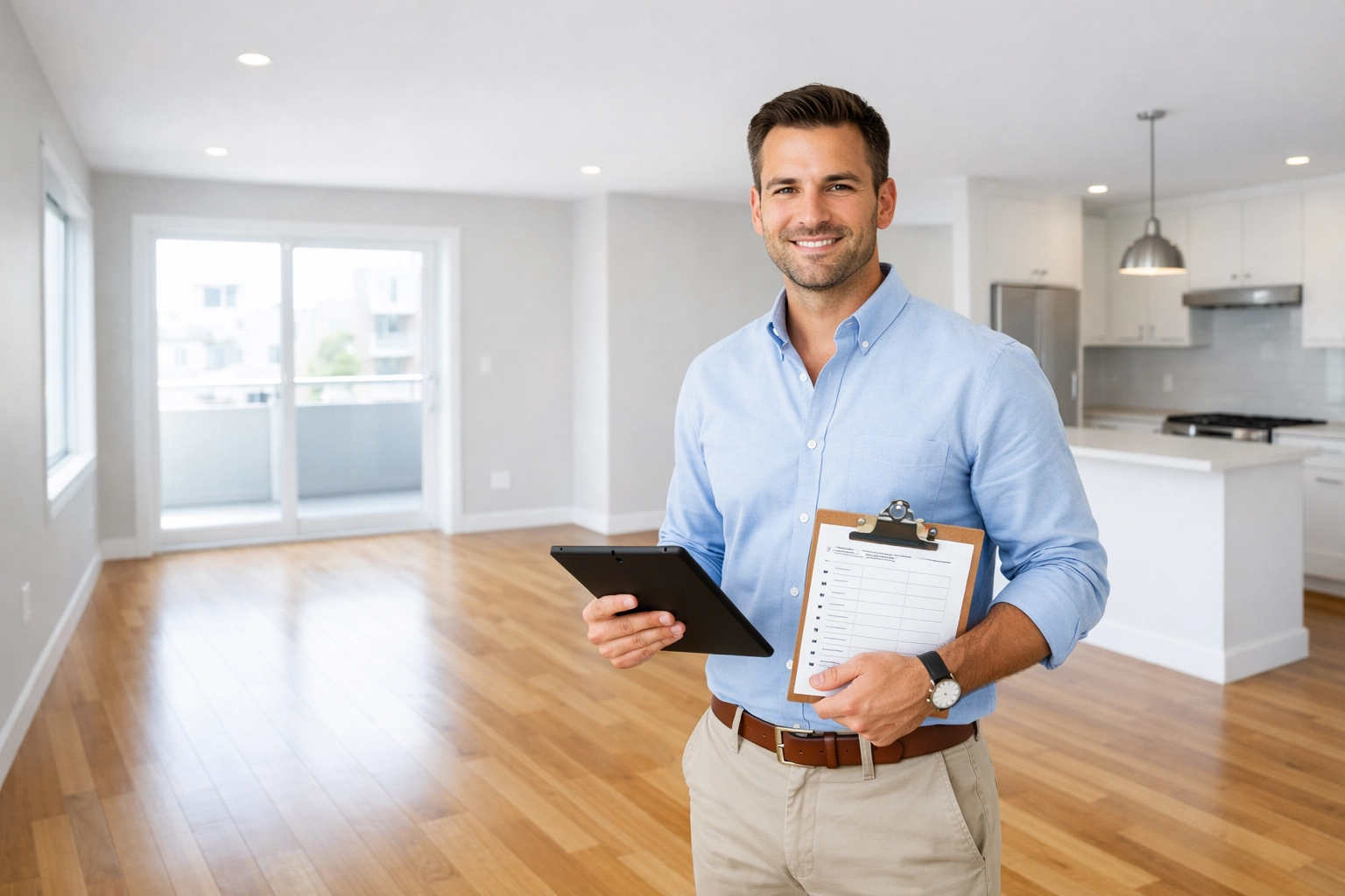 Property manager with tablet inspecting move-in ready apartment unit during turnover