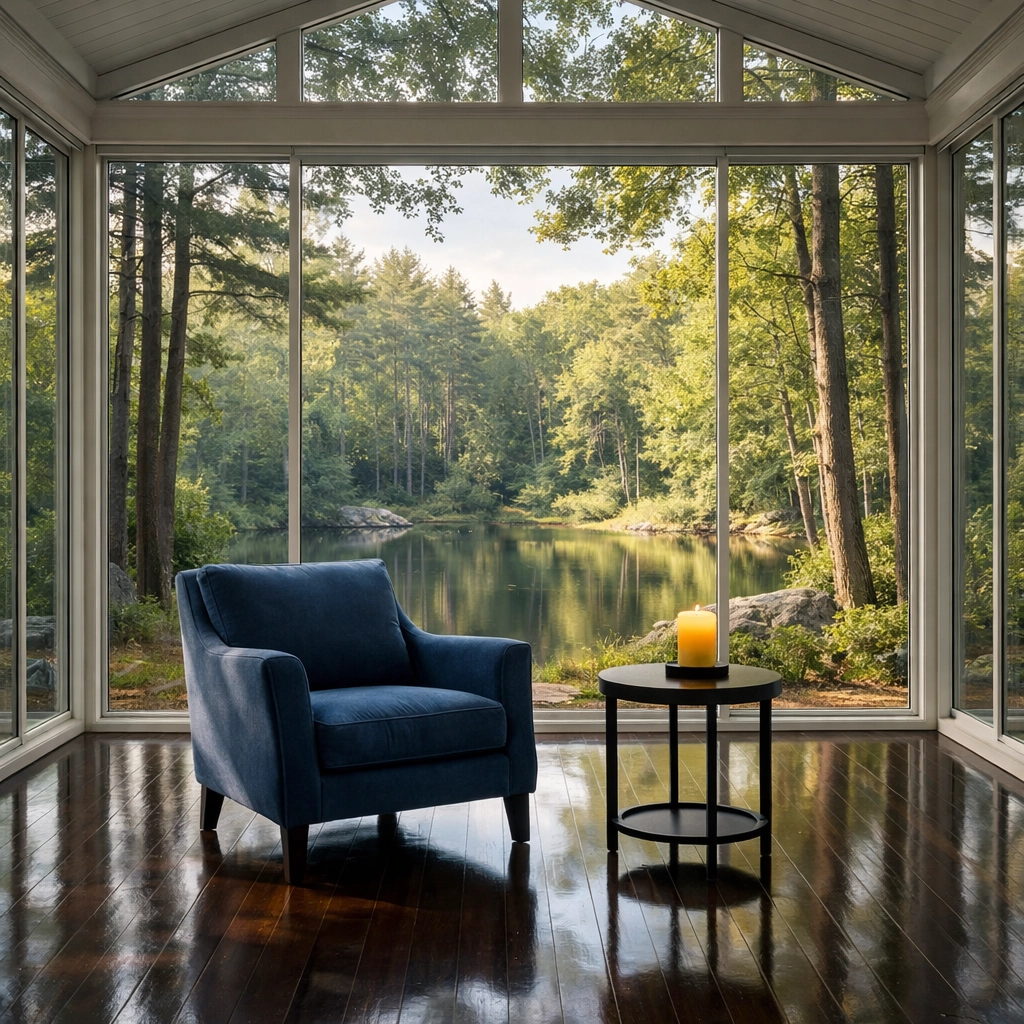 Serene Concord sunroom with spotless windows overlooking a wooded backyard after luxury house cleaning.