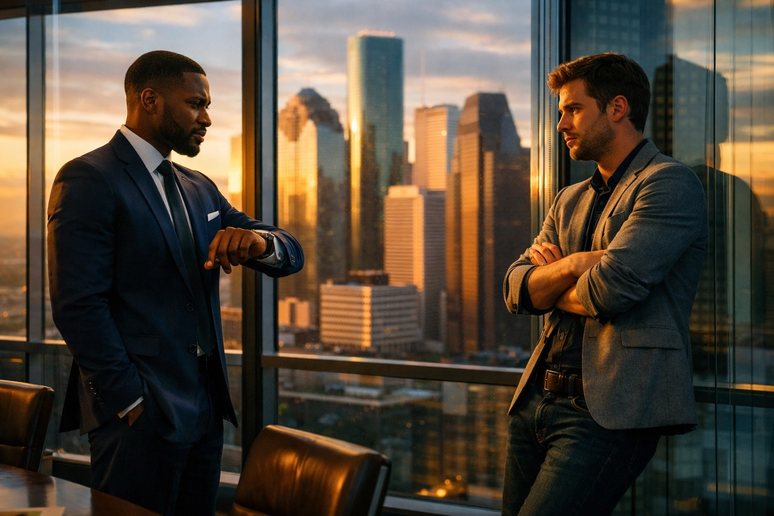 Gay professionals Marcus and Ethan in Houston corporate office with city skyline