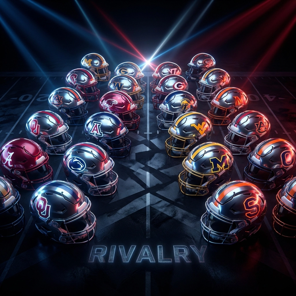 Multiple college football helmets from top programs, highlighting portal rivalry and transfer competition