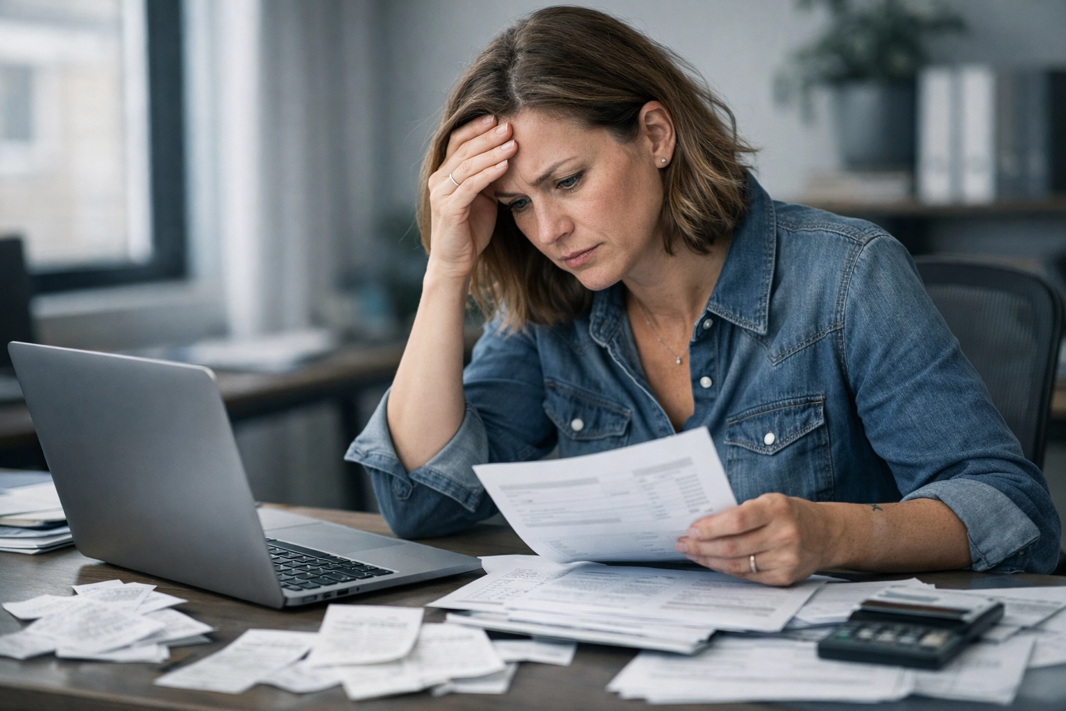 Frustrated business owner reviewing confusing bookkeeping data with scattered receipts and invoices