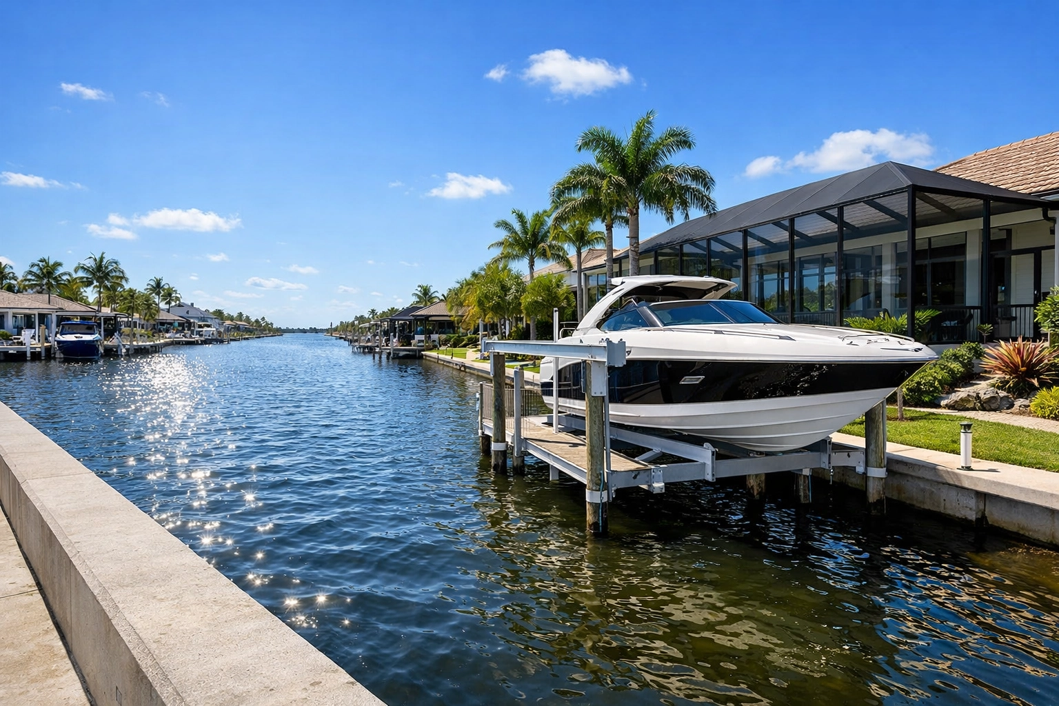 Luxury canal-front property in Cape Coral featuring a modern boat lift and seawall.
