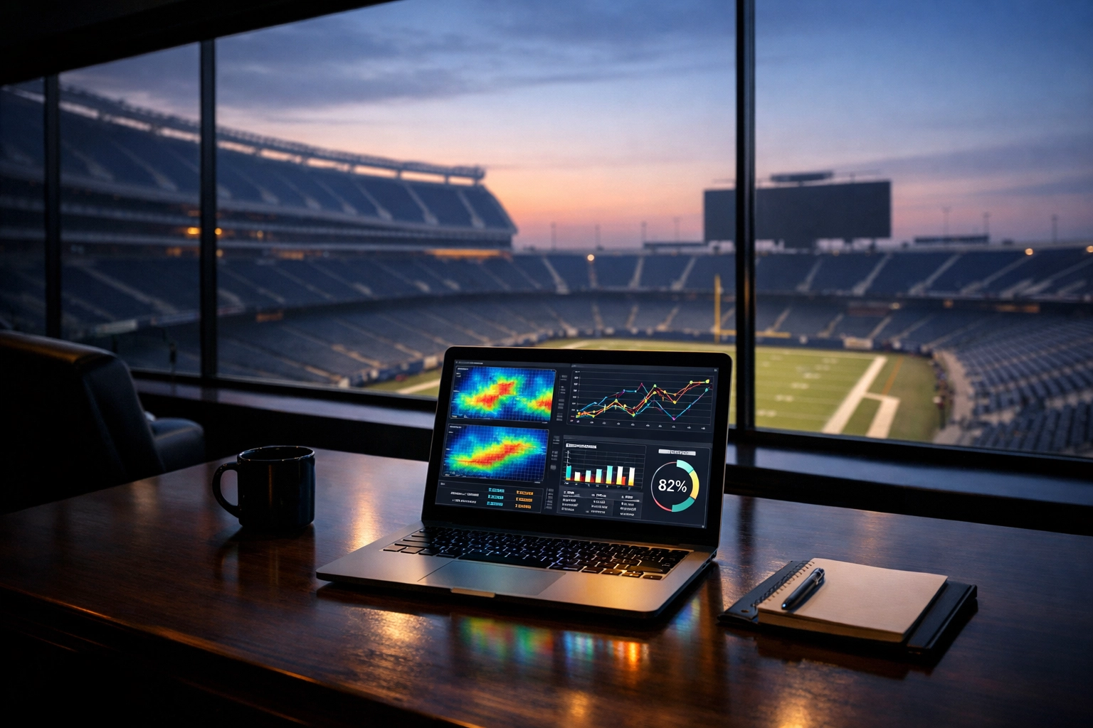A laptop displaying post-game data analytics and retargeting charts in a stadium suite.