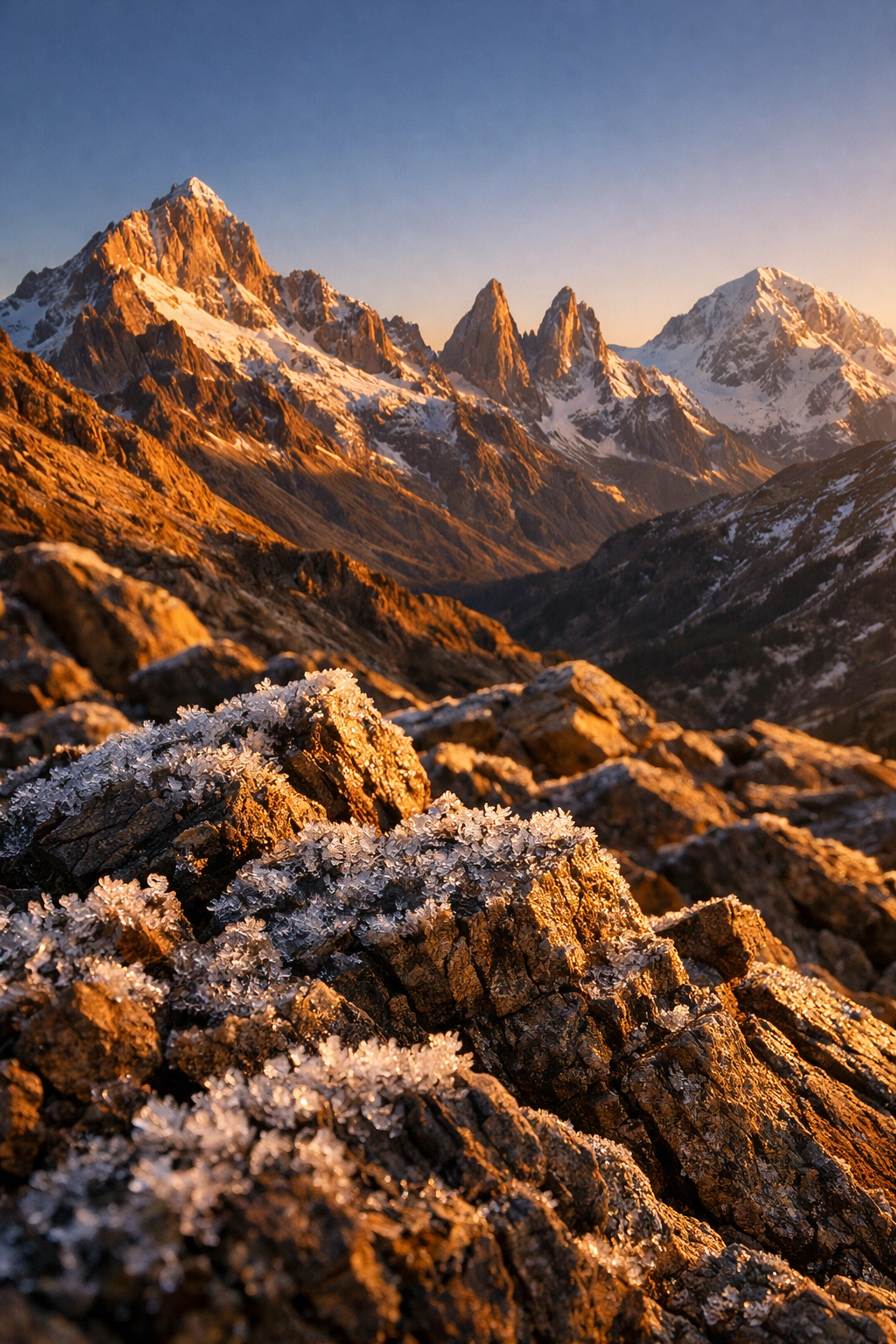 Sharp mountain landscape at sunrise with detailed foreground rocks showing depth of field in landscape photography.