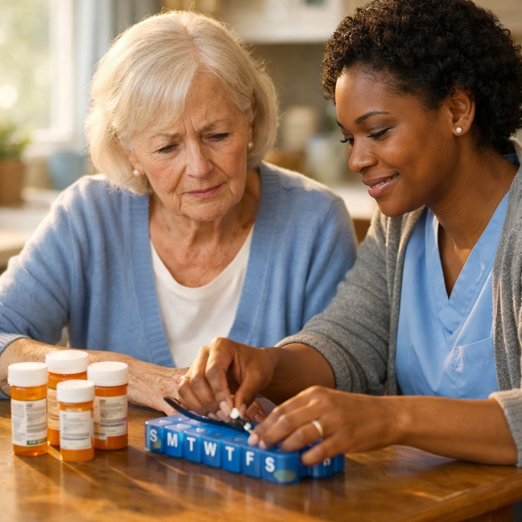 Home care aide helping senior organize medications to prevent hospital readmission