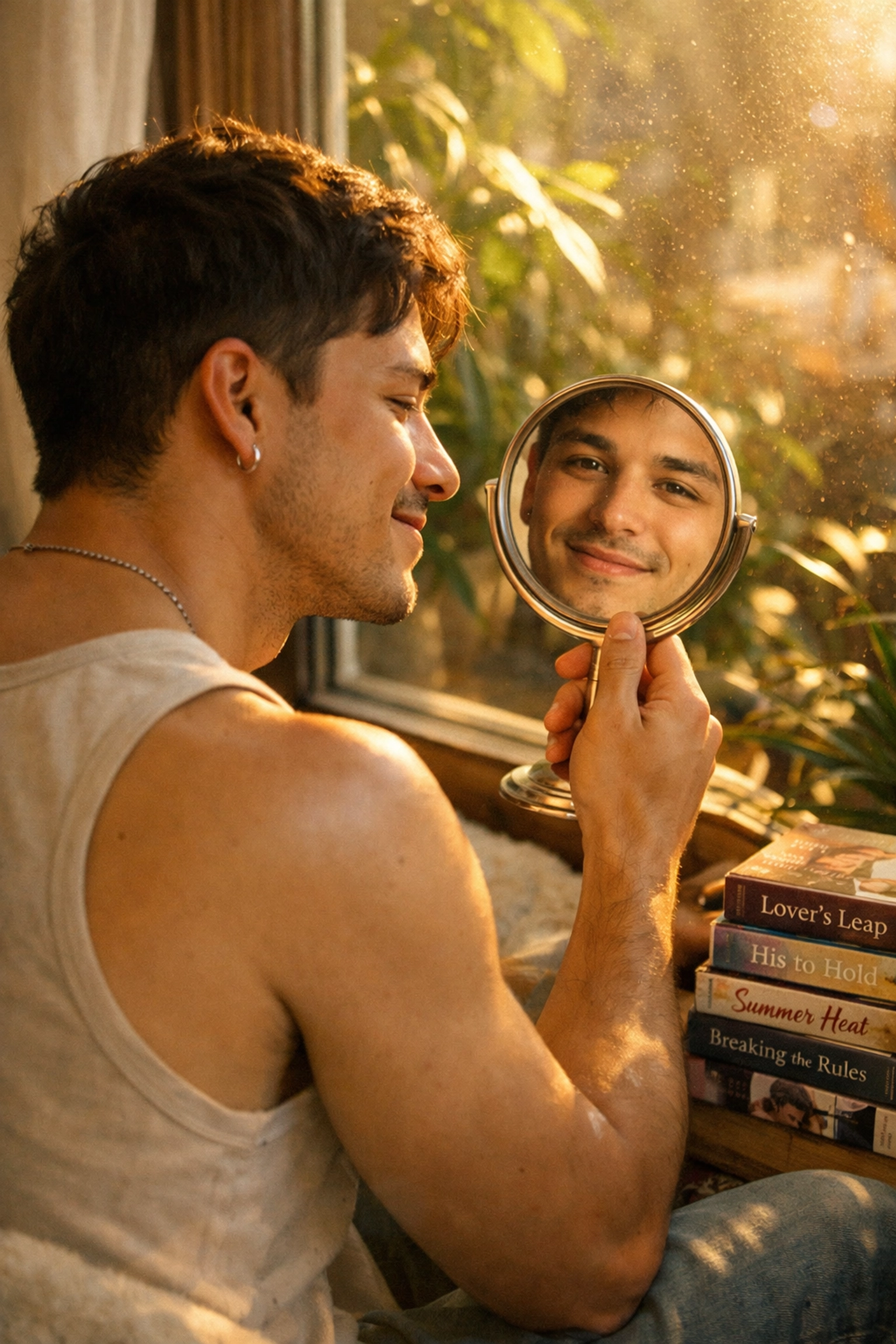 A gay man reflecting on his identity while reading MM romance books, embracing self-acceptance and authenticity.