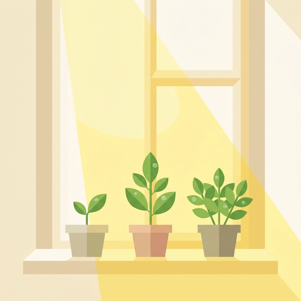 Three potted herb plants at different growth stages on a sunny windowsill, showing home gardening progress