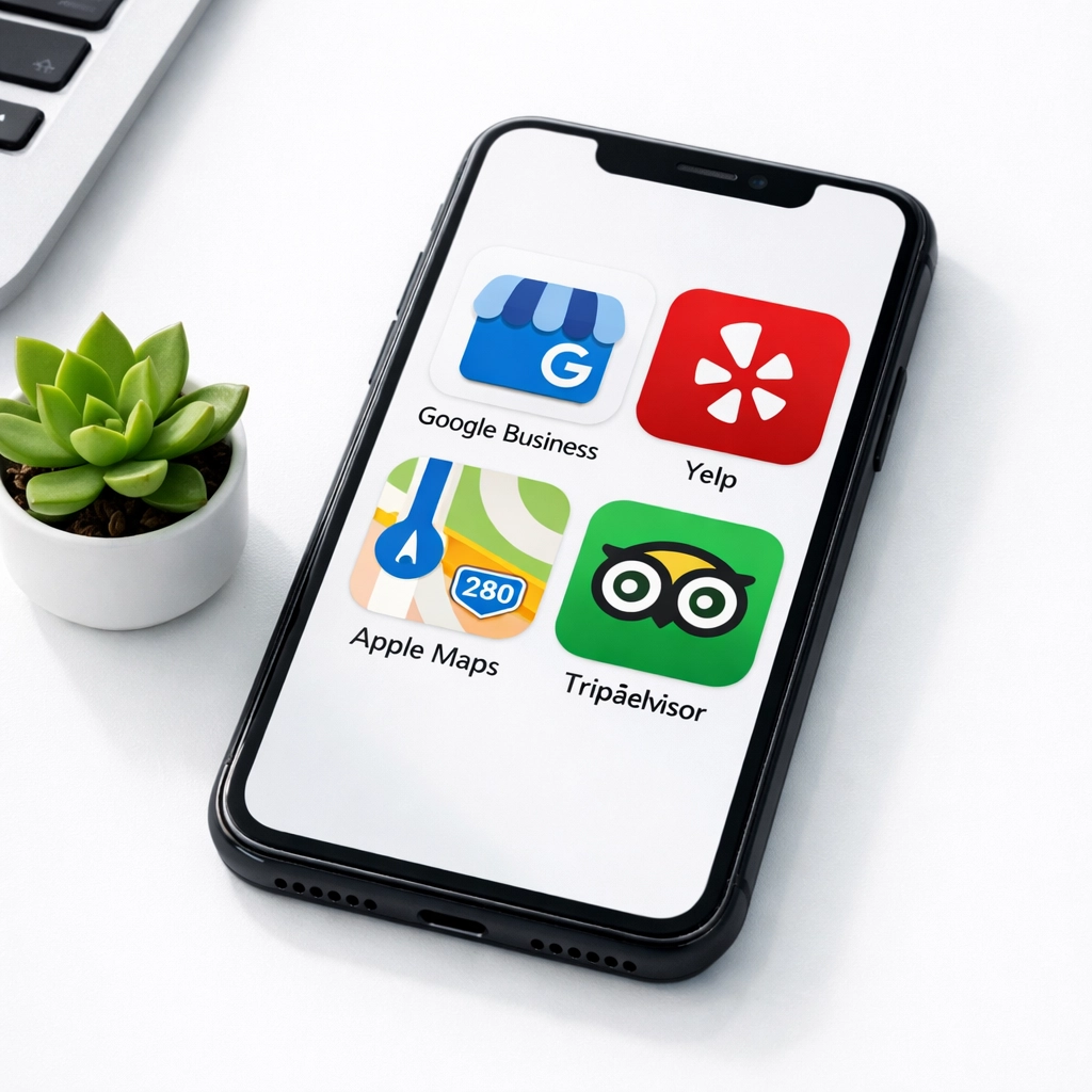 Smartphone displaying business directory apps including Google Business Profile and Yelp for local SEO