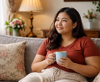 A woman sits comfortably on a sofa in a cozy living room, reflecting the peace and reassurance of a compassionate, client-centered approach.