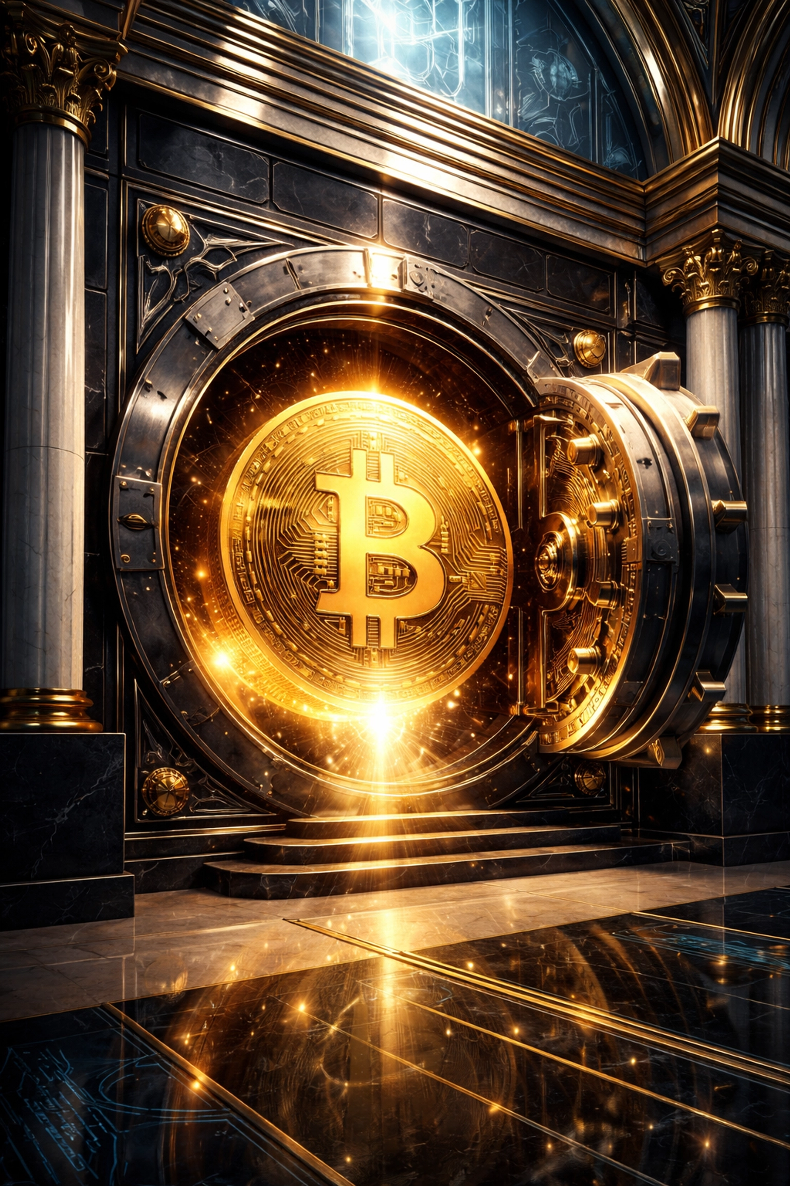 Golden Bitcoin coin emerging from a vault, blending traditional finance with digital assets for long-term wealth
