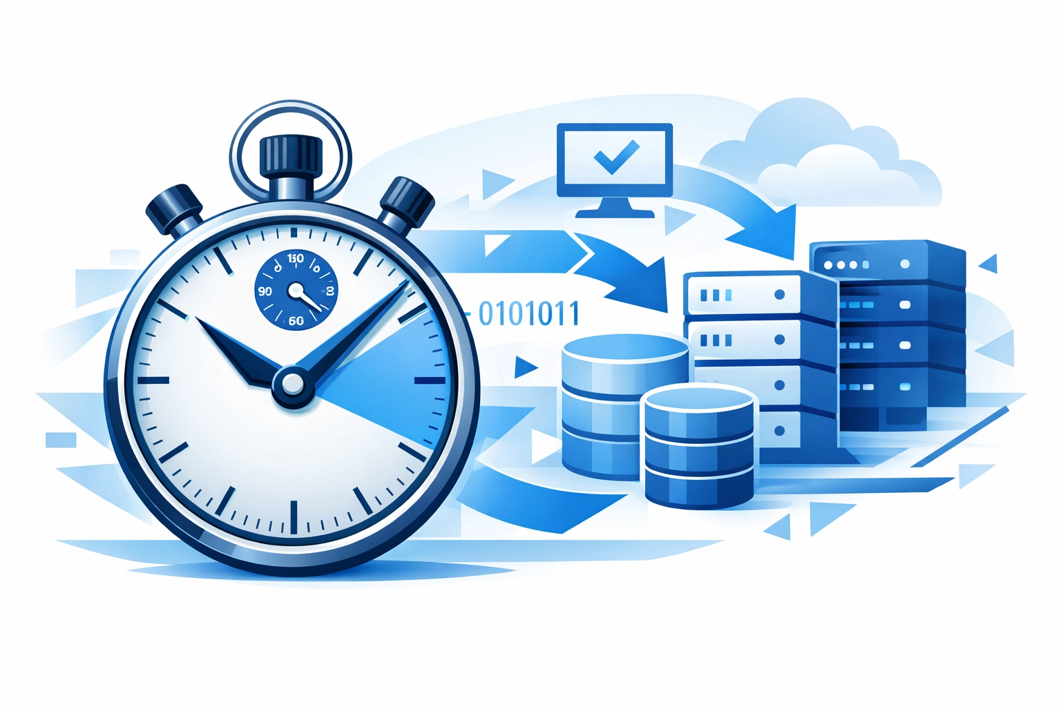 Stopwatch measuring data recovery time and backup restoration speed