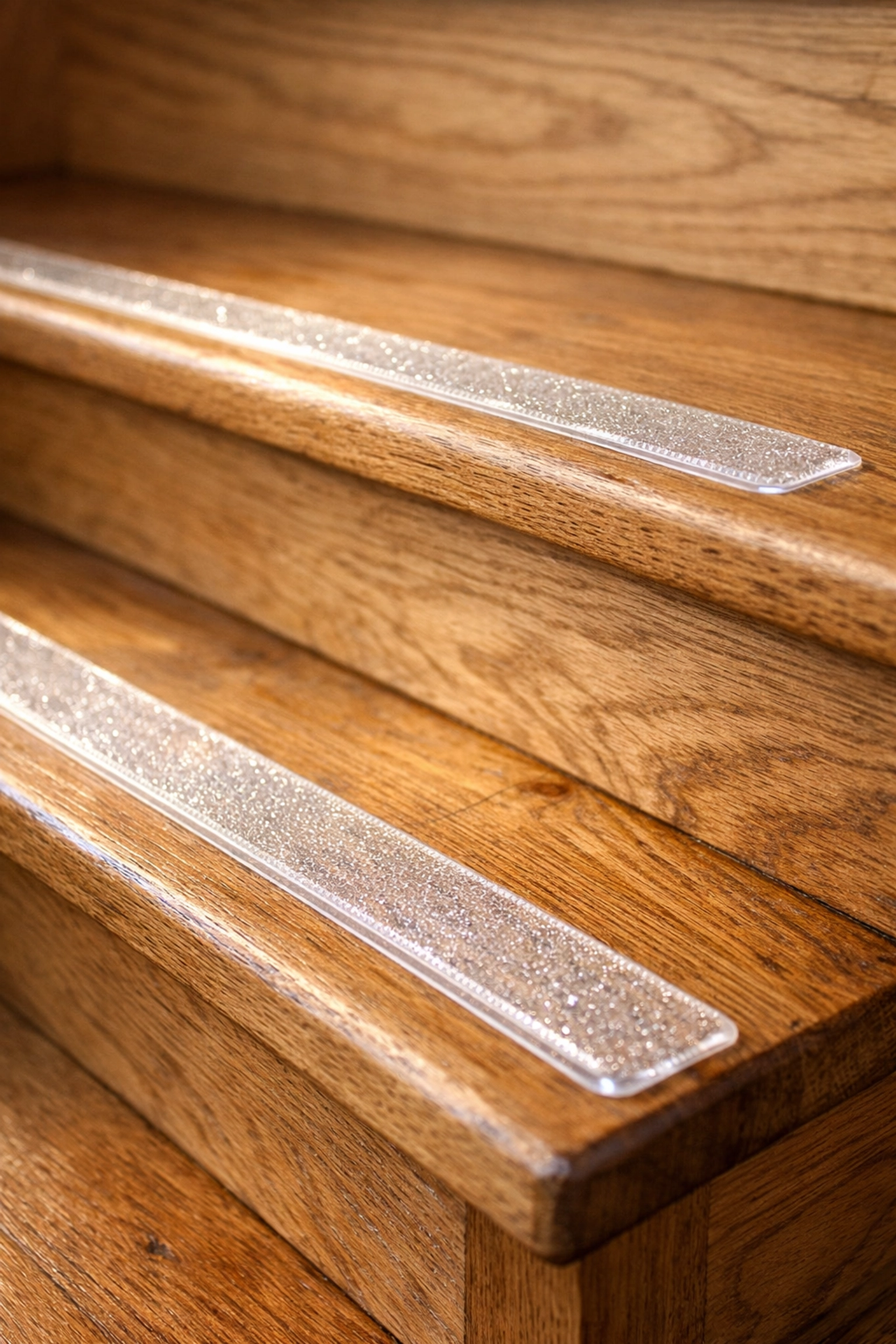 Clear non-slip adhesive strips applied to the edge of wooden steps to provide better traction and stair safety.