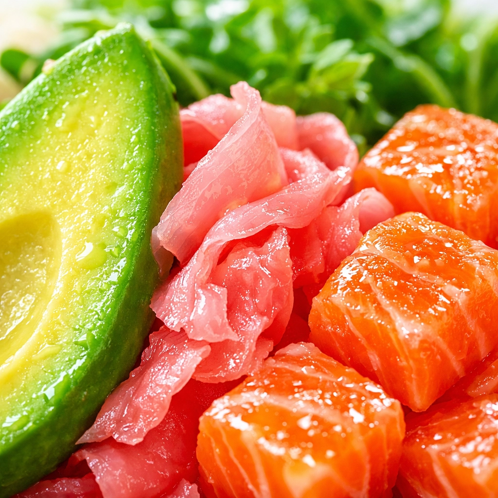Zoom sur des ingrédients healthy : avocat crémeux, saumon frais et gingembre pour un poke bowl vitaminé.
