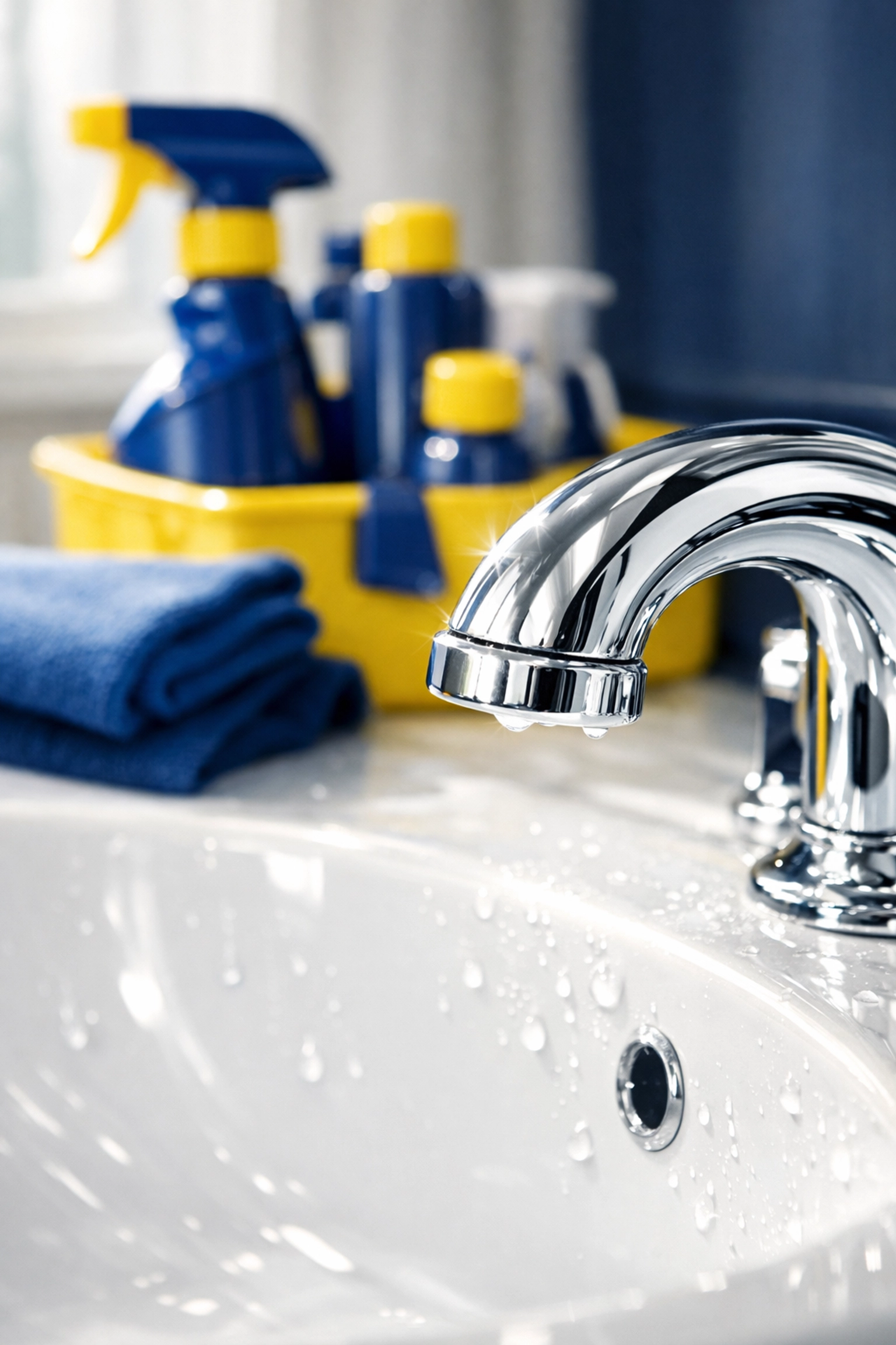 Expert deep cleaning Worcester showing spotless chrome bathroom fixtures and professional cleaning tools.