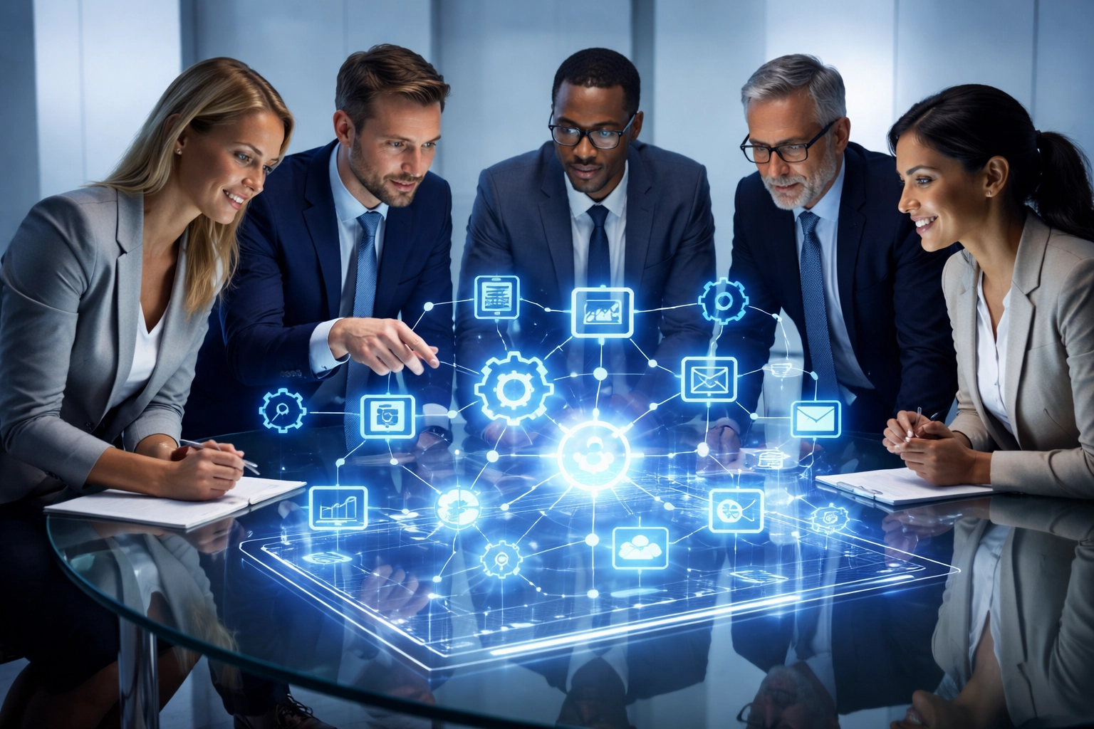 Diverse business team reviewing digital AI workflow solutions in a modern office setting