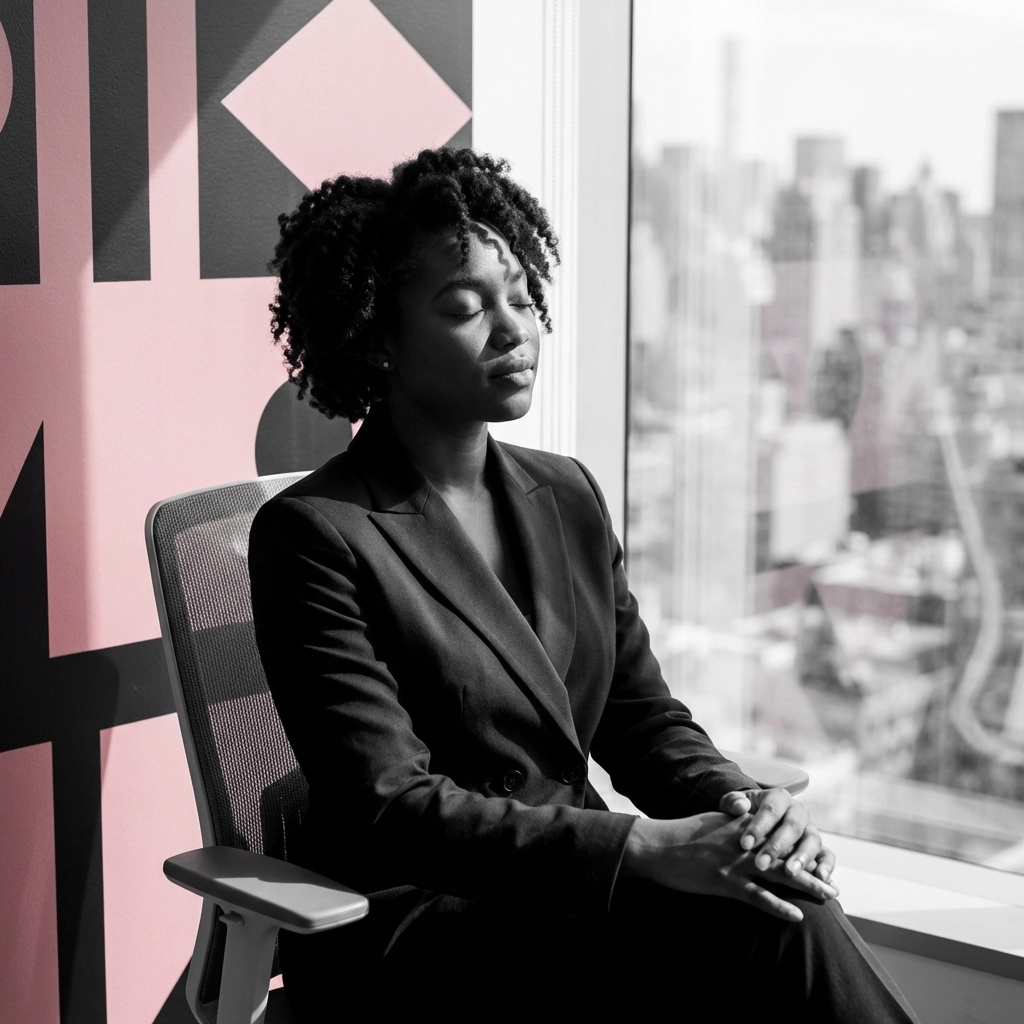 Black professional woman pausing to breathe in a modern urban office, representing wellness for busy urban professionals