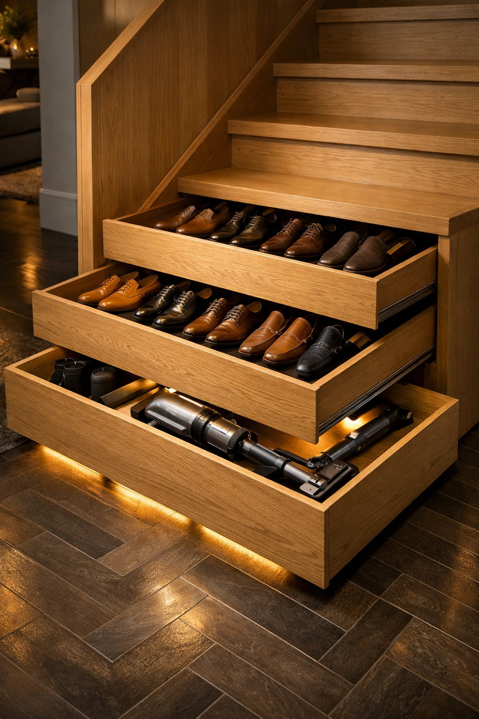 Custom under-stairs pull-out drawers with LED lighting for organized shoe and household storage.