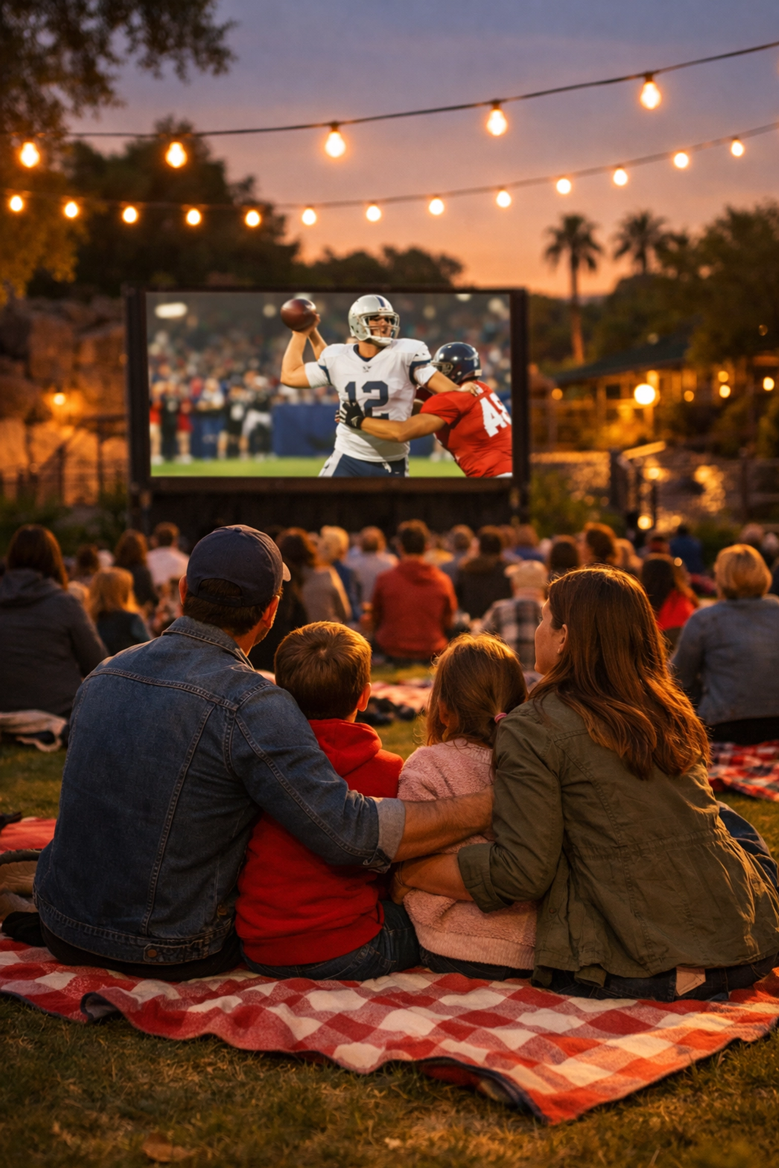 Families watching Super Bowl on outdoor screen at zoo community event