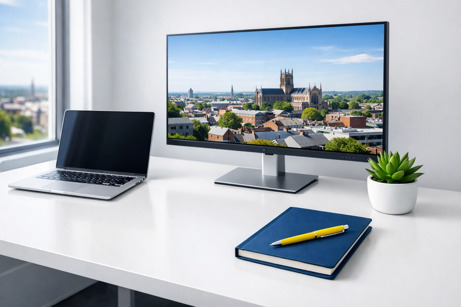 Clean and sanitized modern office desk highlighting professional Office Cleaning Worcester MA results.