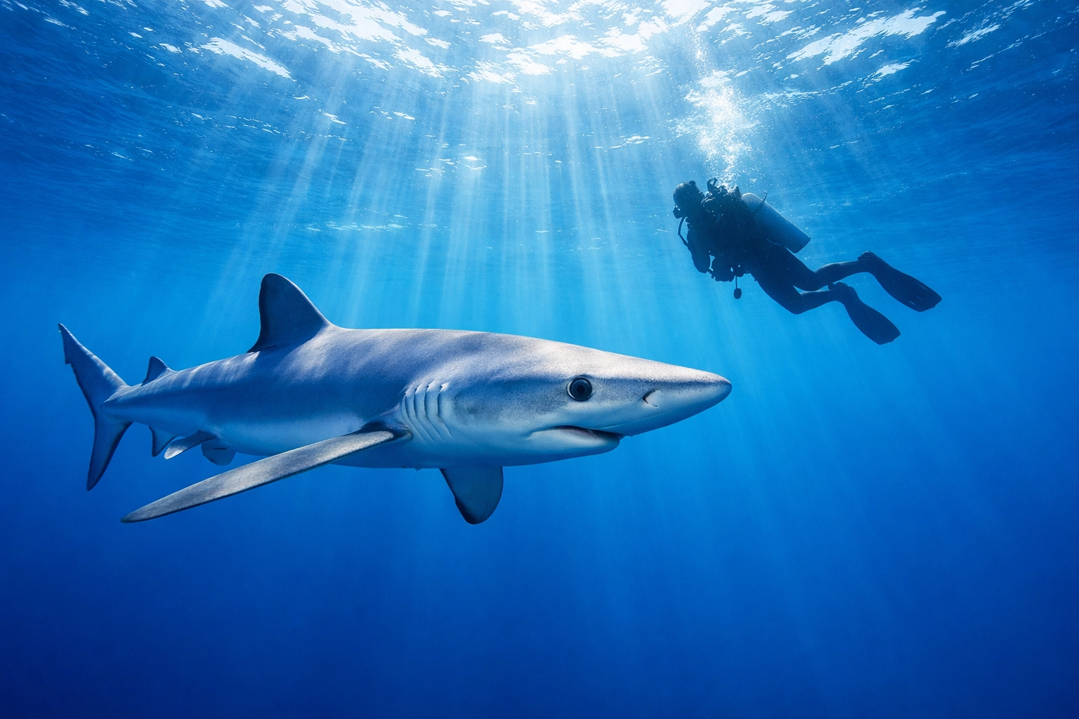 Blue shark encounter during Azores dive with diver in crystal-clear Atlantic waters