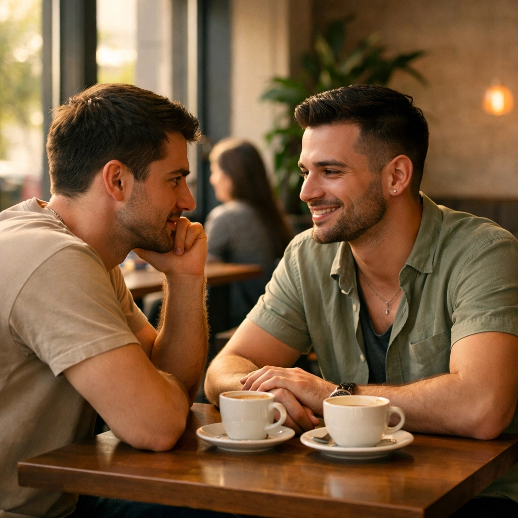 Two gay men connect over coffee at LGBTQ-friendly café in Tirana Albania