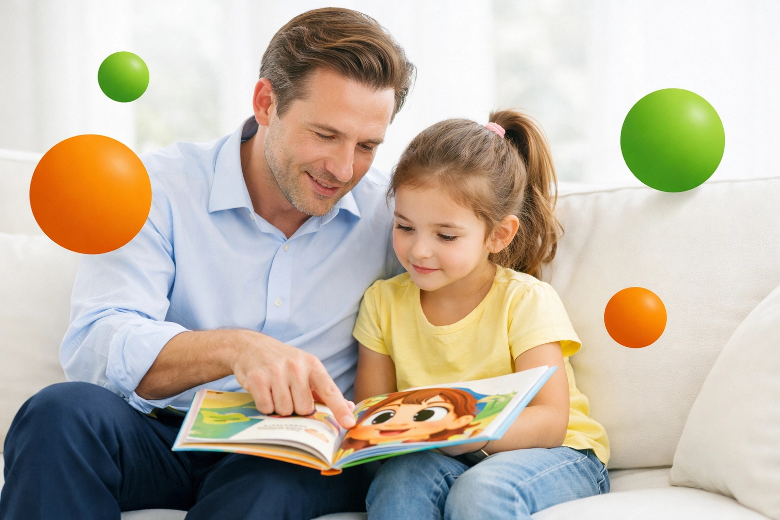 Father and daughter identifying emotions in a book to build the child's self-awareness.
