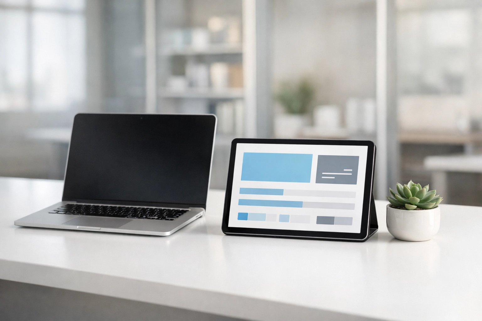 Organized digital workspace for ERO operations showing tax preparation software on a tablet and laptop.