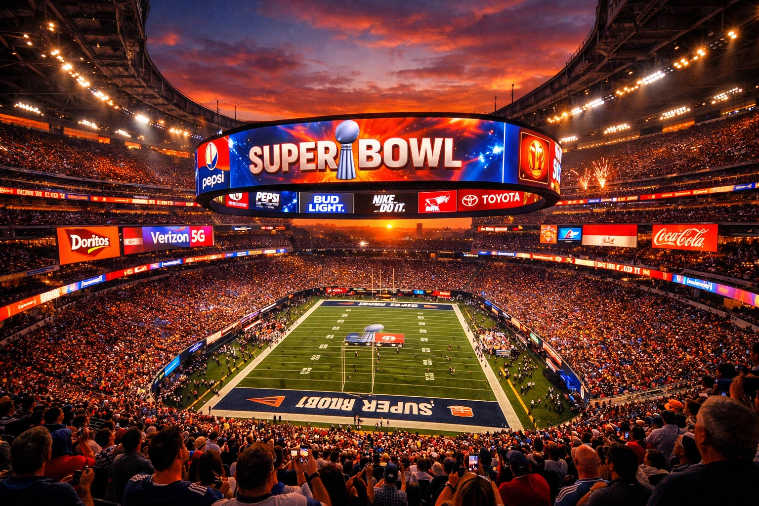 Super Bowl stadium with digital jumbotron advertising and venue technology at sunset