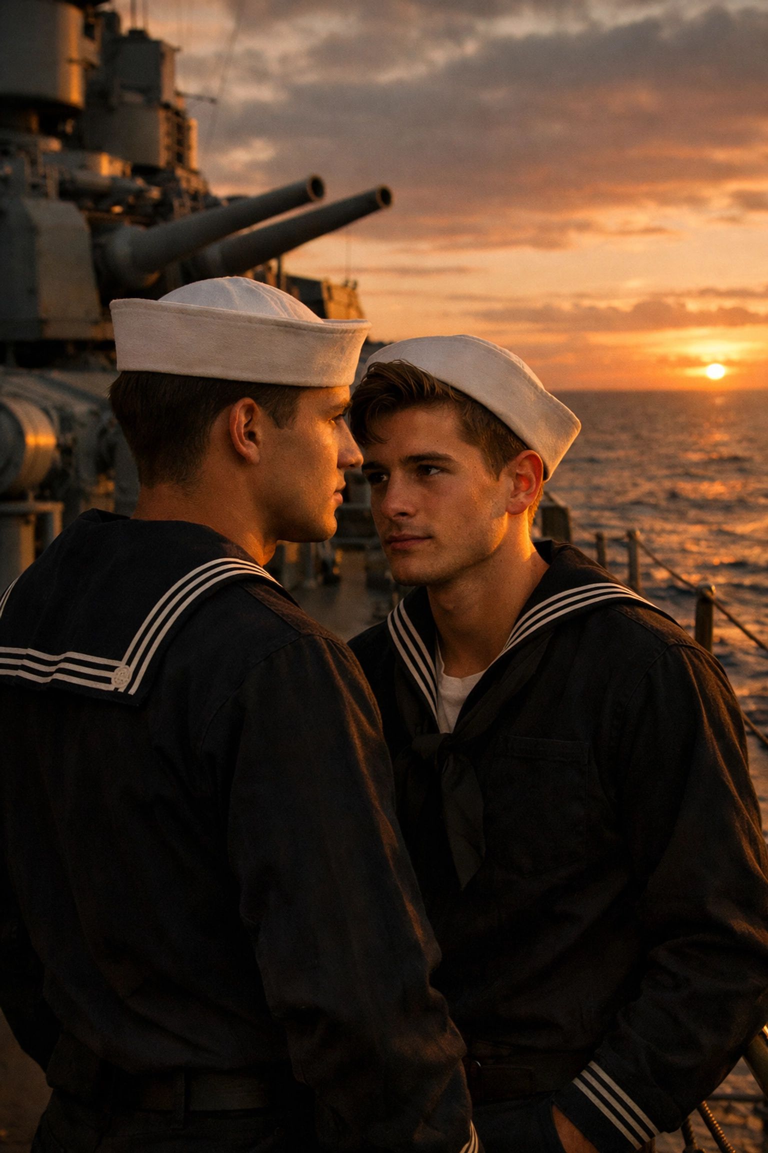 Two gay sailors on WWII battleship deck sharing forbidden moment in Pacific Theater