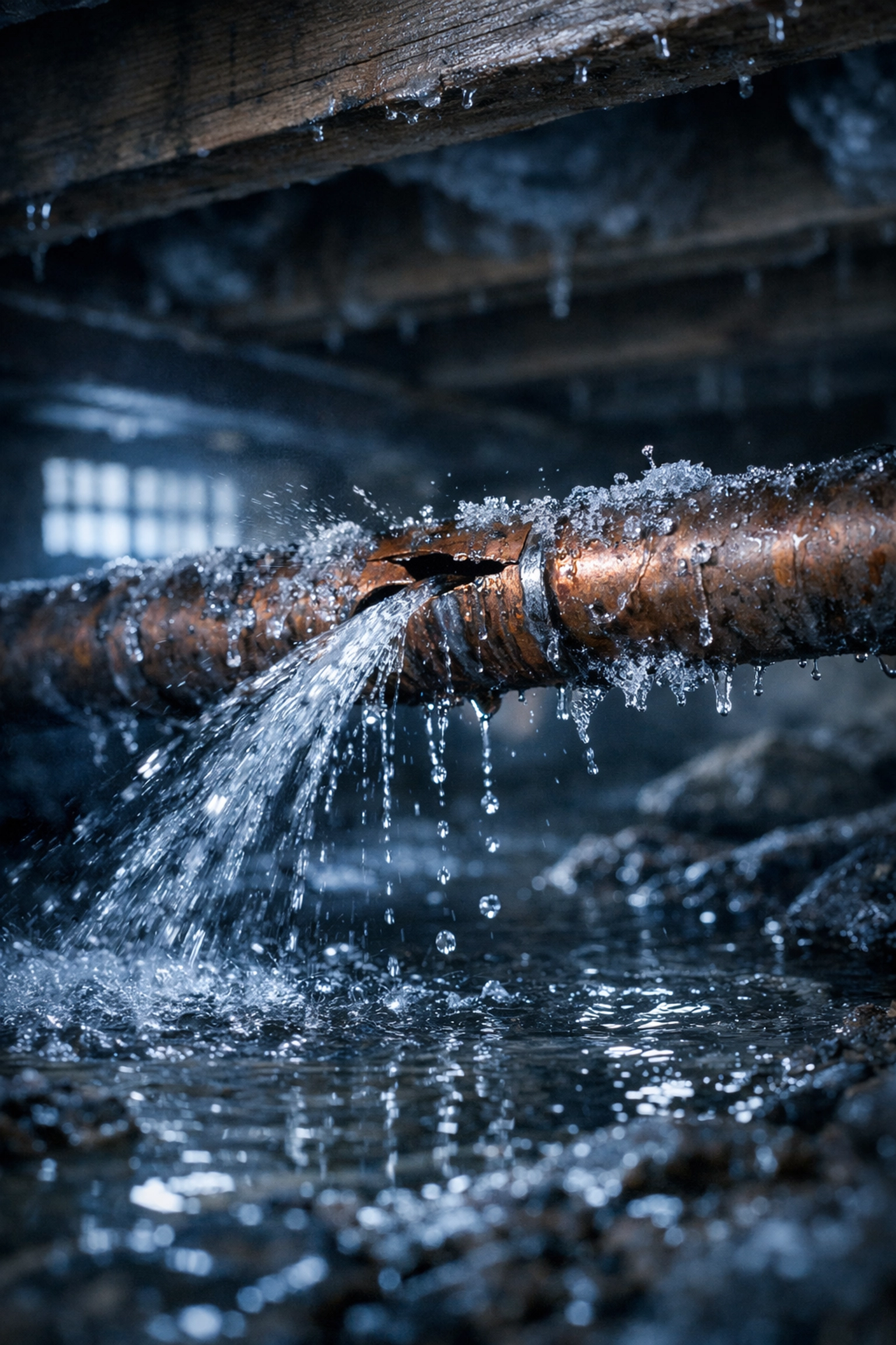 Burst pipe with water leak in crawlspace after freeze in coastal North Carolina home