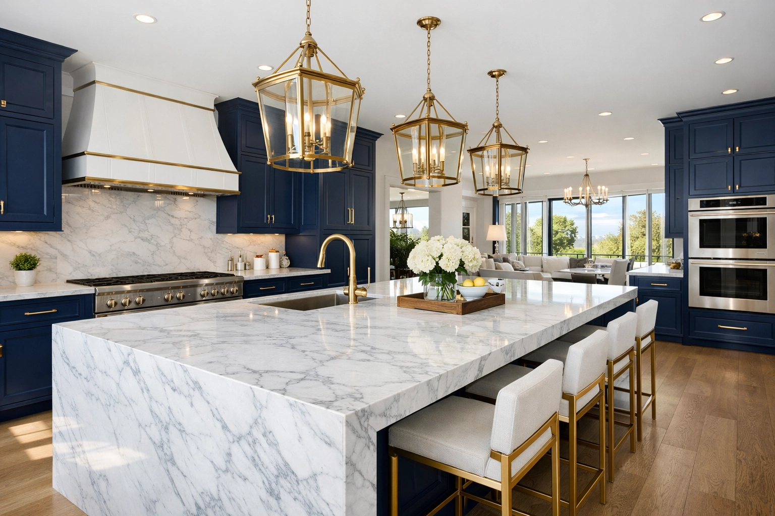 Spotless luxury Dover kitchen with marble island, highlighting residential cleaning Massachusetts standards.