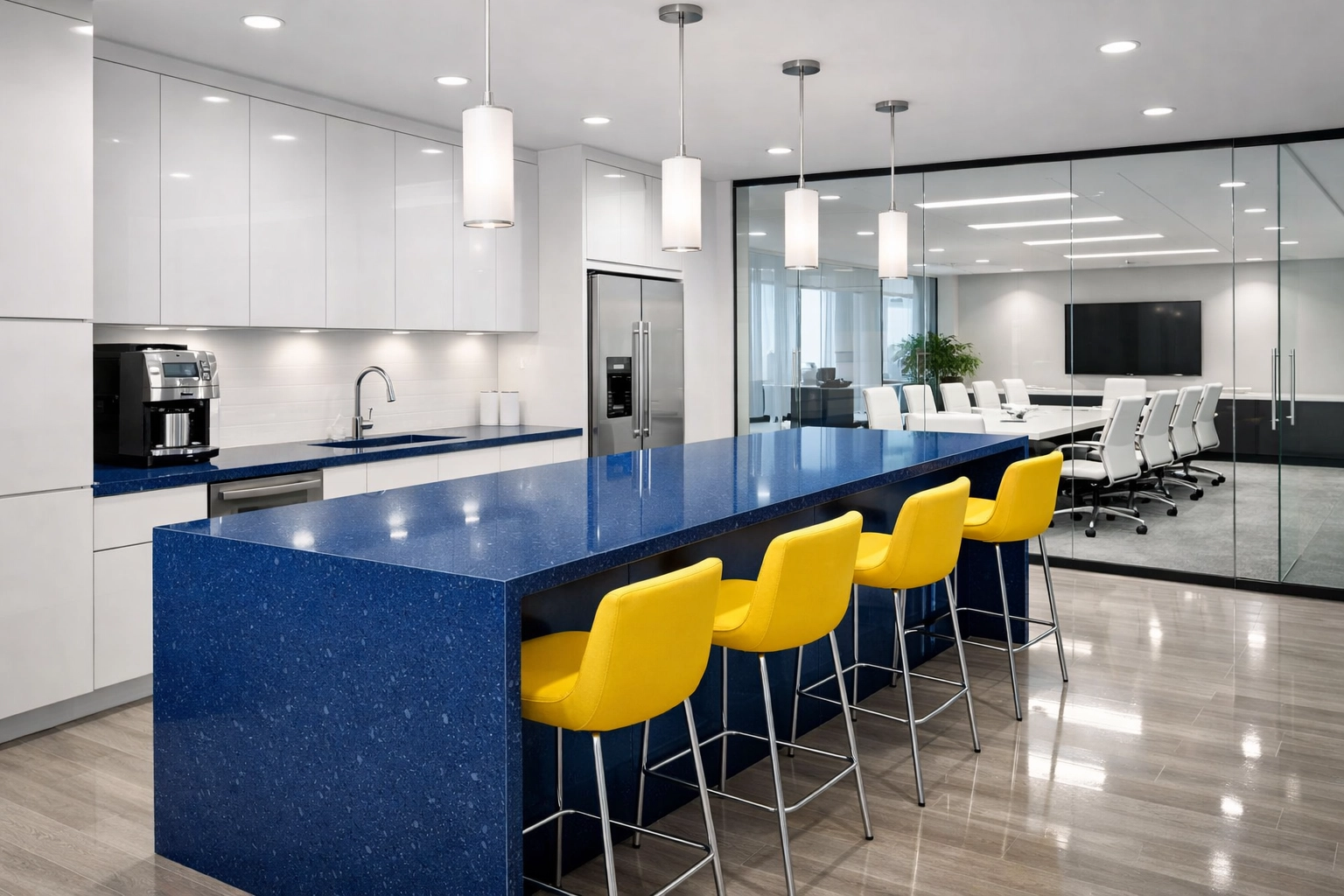 Spotless modern office breakroom and clean workspace showcasing professional commercial cleaning maintenance.