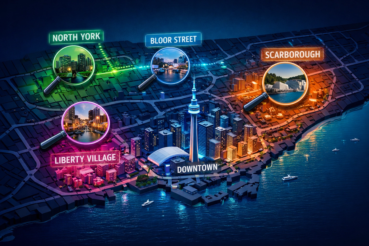 Digital map of Toronto neighborhoods highlighting local search strategy for GTA small businesses.