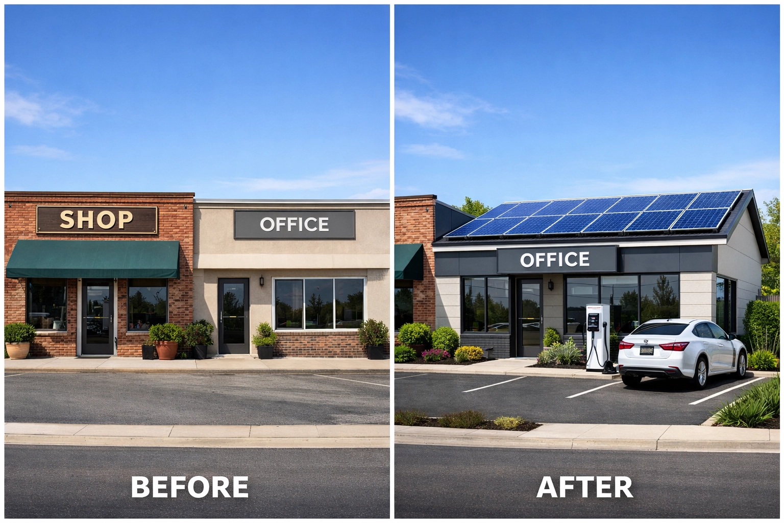 Small business building upgraded with rooftop solar panels and EV charging infrastructure